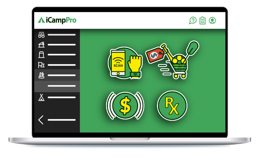 a laptop with a green screen that says icamppro