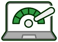 Laptop with a green speedometer, indicating optimal performance.