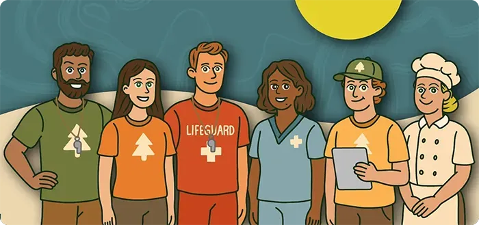 Illustrated image of a happy camp team - activity staff, counselor, lifeguard, camp nurse, camp director, and cook.