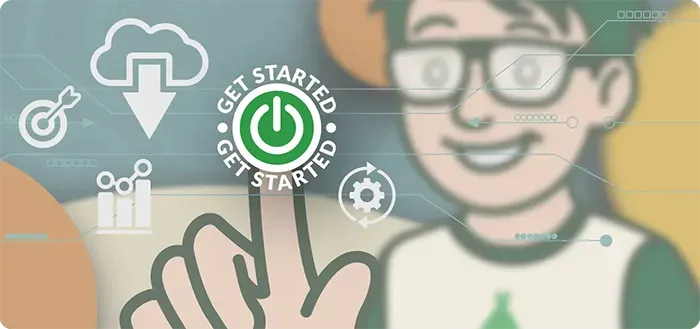 Illustration of a camp team member selecting button that reads: get started.