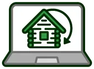 Laptop screen showing a green cabin with a circling arrow, suggesting a digital real estate process.