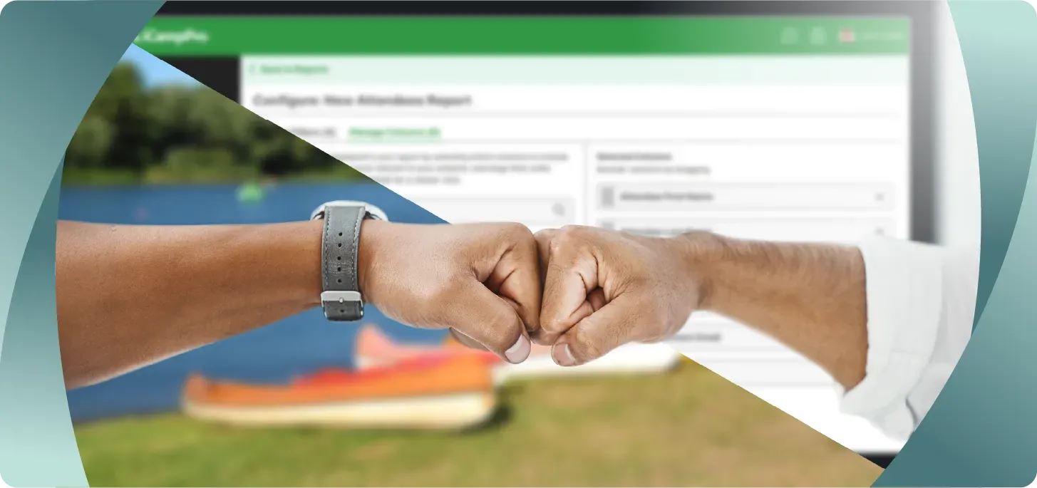 Fist bump image with background half camp, half iCampPro software.