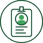Green ID badge with a person icon in a green circle.