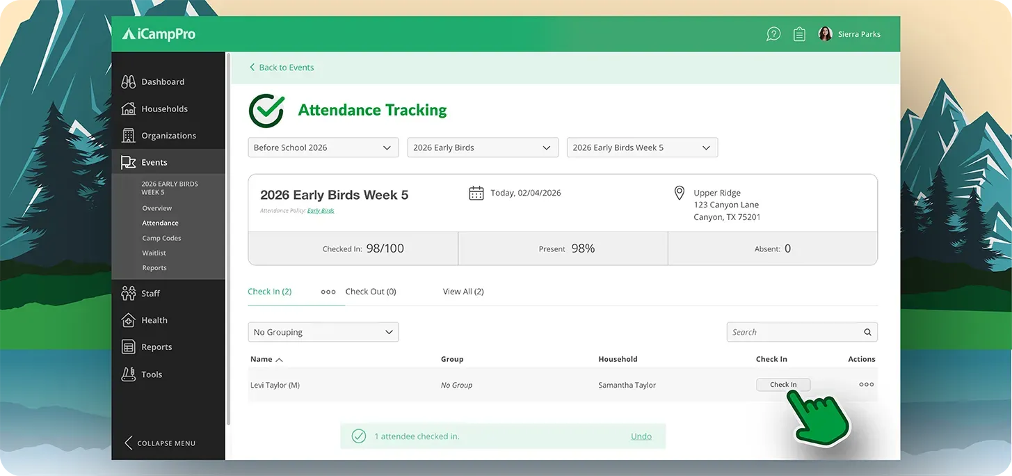 Image of iCampPro Attendance Tracking screen on desktop