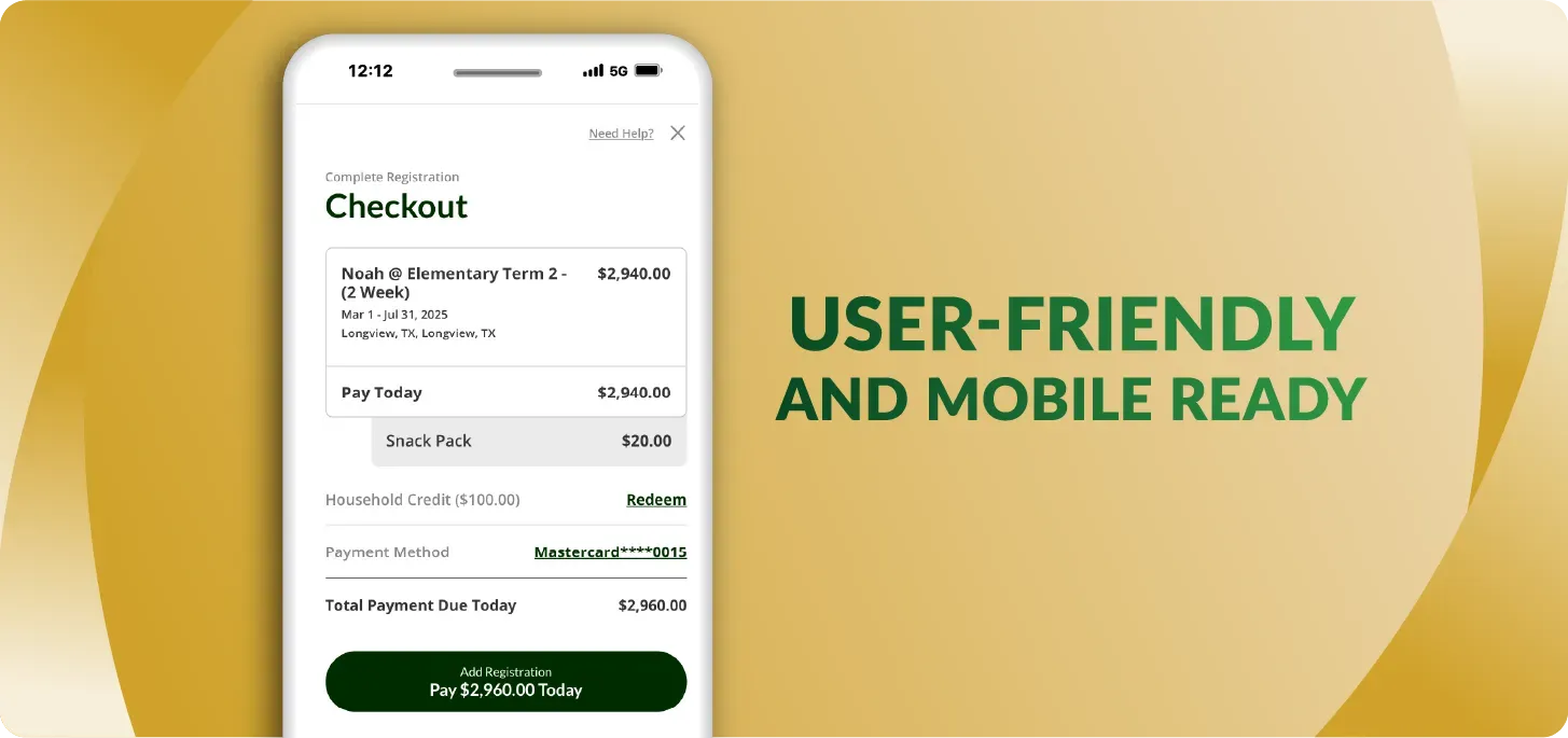 Image of iCampPro Checkout screen with text User-Friendly and Mobile Ready.