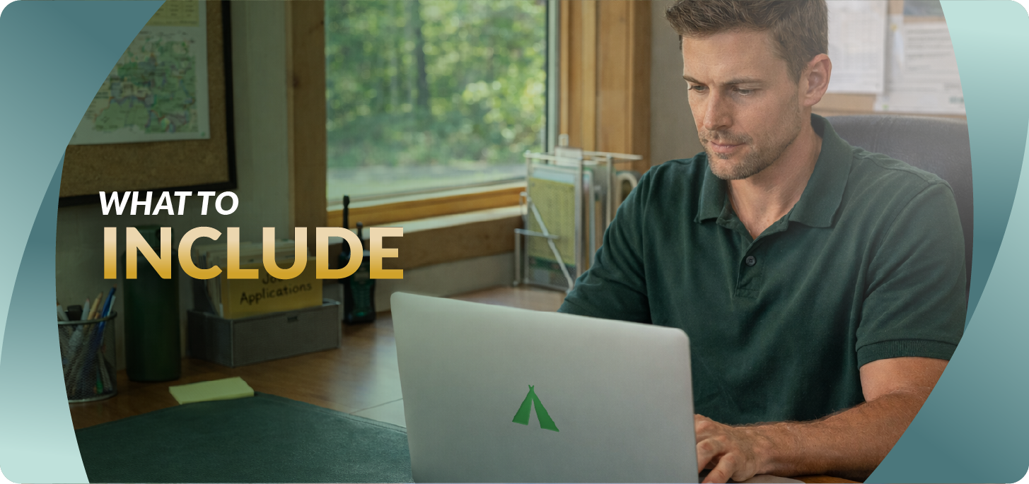 Image of camp leader working on laptop. Text: What to Include