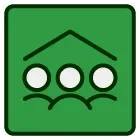 A group of people standing under a roof in a green square.
