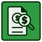 A magnifying glass is looking at a dollar sign on a piece of paper.