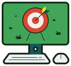 A computer monitor with a target and an arrow in it.