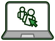 A laptop computer with a green arrow pointing to a group of people on the screen.