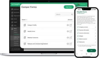 Laptop and phone displaying camper forms: health facts and profile information.