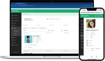 Laptop and phone displaying the same application with user profiles and data on a white and green interface.