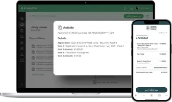 Laptop and smartphone displaying A. Carpho interface with activity log and checkout details.