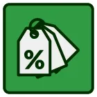 A stack of tags with percentages on them on a green background.