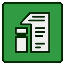 Green square with a vial and list, indicating a single dose prescription.