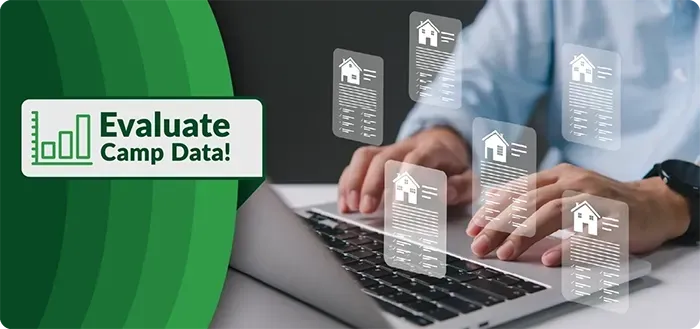 Image of processing camp household data on a laptop. Text: Evaluate Camp Data