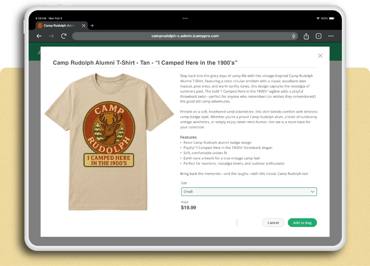 Image of a t-shirt for sale in iCampPro's staff terminal for point-of-sale transactions.