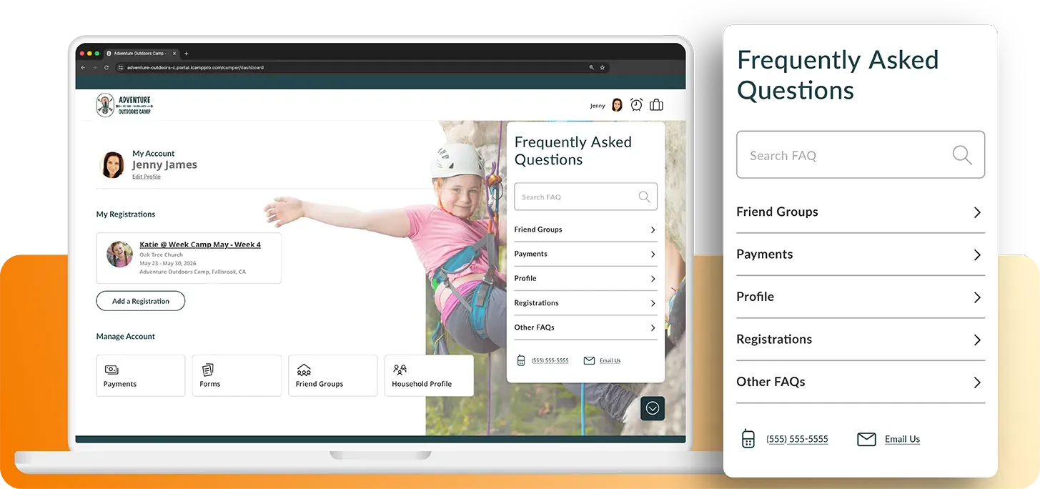 Visual of iCampPro's  customizable FAQs in the Customer Registration Portal