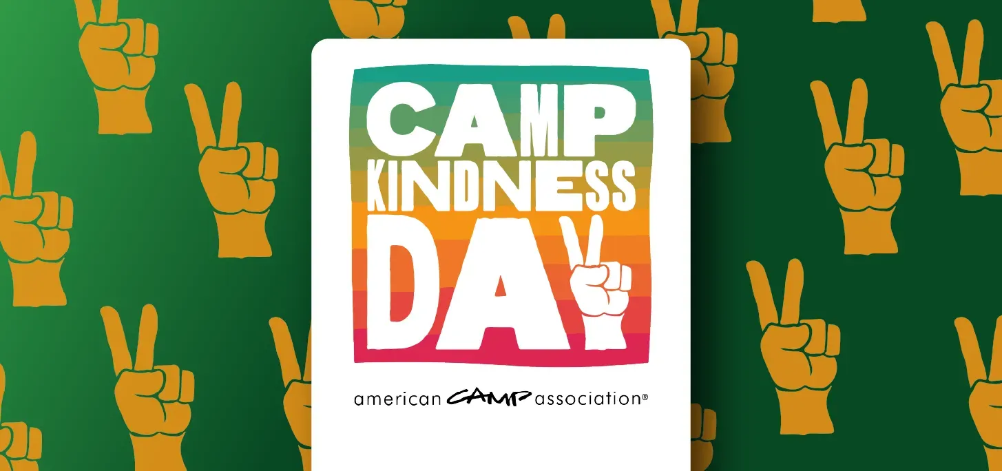 A poster for camp kindness day with peace signs on a green background.