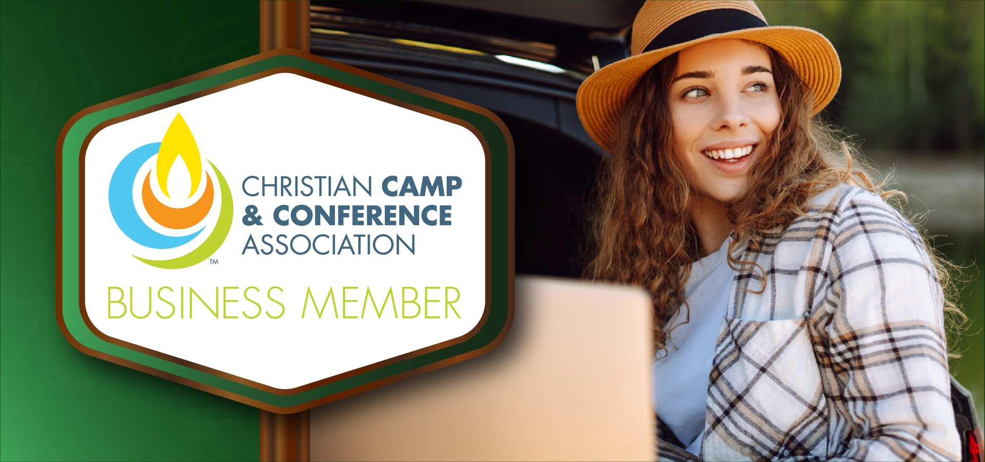 Image with the Christian Camp and Conference Association Business Member logo and a friendly camp team member smiling.