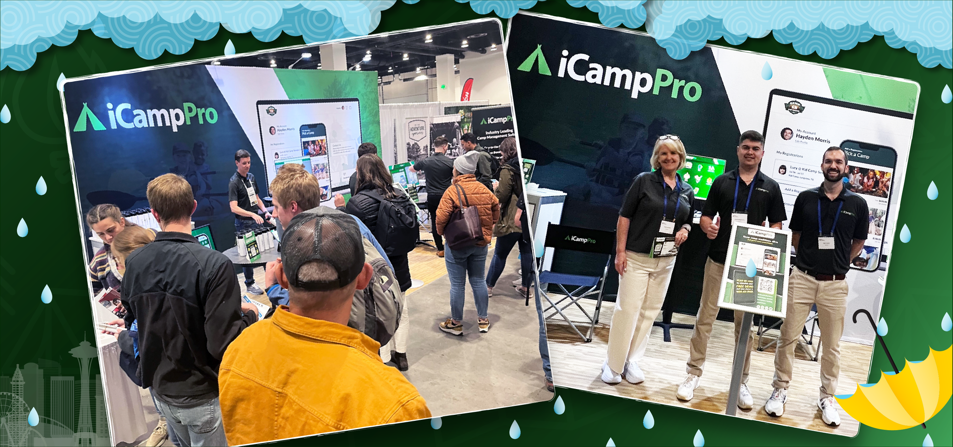 Collage of images of iCampPro staff members at a past conference with a rain-themed background and border.