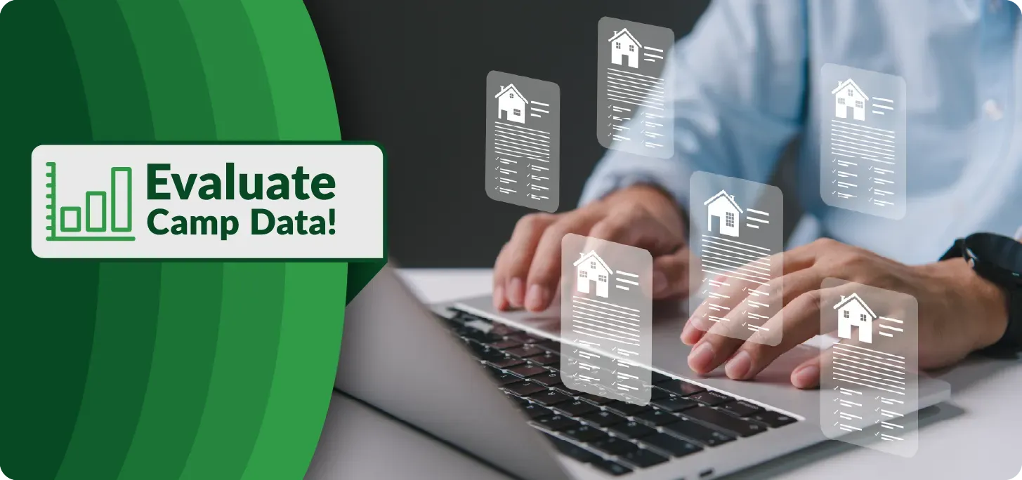 Image of processing camp household data on a laptop. Text: Evaluate Camp Data