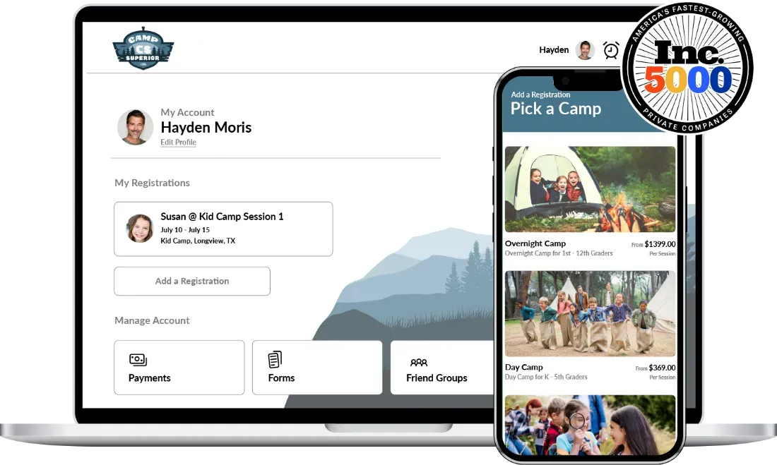 Laptop with Pick A Camp user interface and phone displaying camp listings; Inc. 5000 logo.