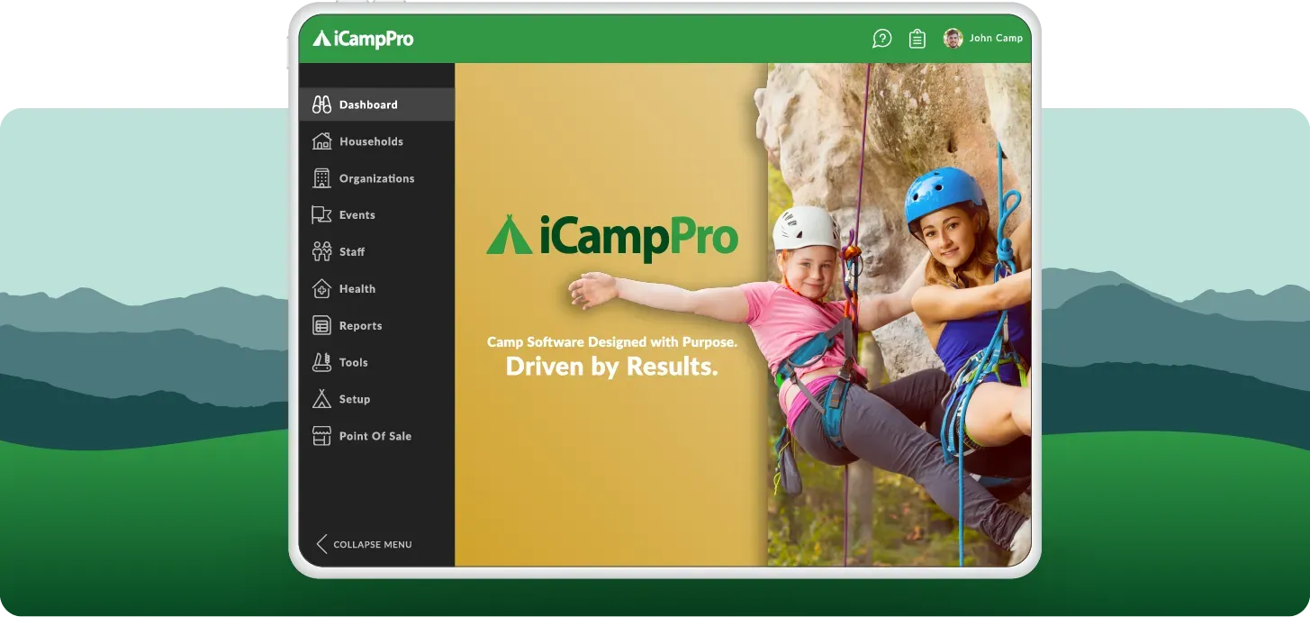 iCampPro software promo image. Text: Camp software designed with purpose, driven by results.