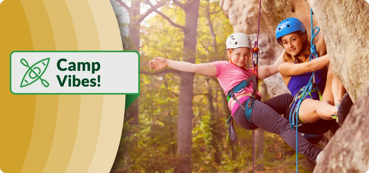 Image of campers rock climbing. Text 