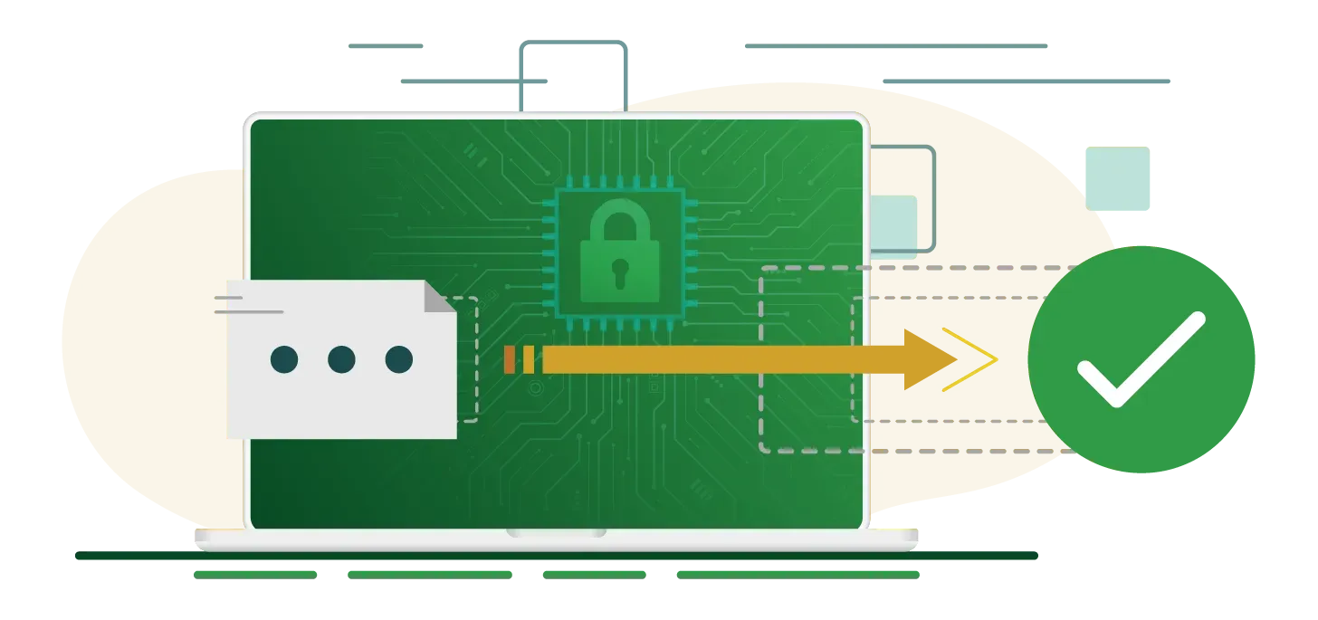 Illustration of a secure data transfer or migration with a laptop in the background.