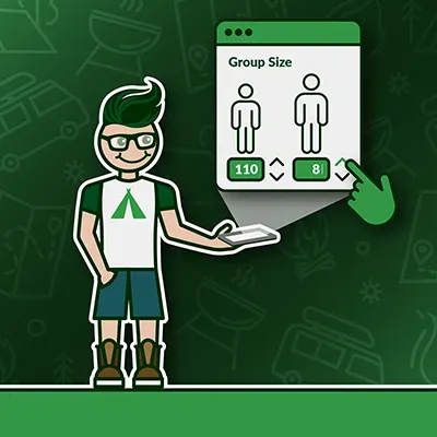 Cartoon person adjusts group size on a tablet. Green theme, numbers 110 and 8 on screen.