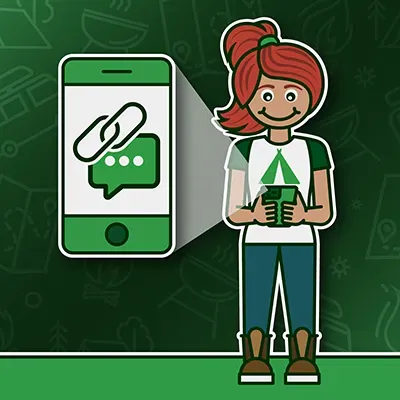 Woman holding phone with message bubble and link icon; green background.