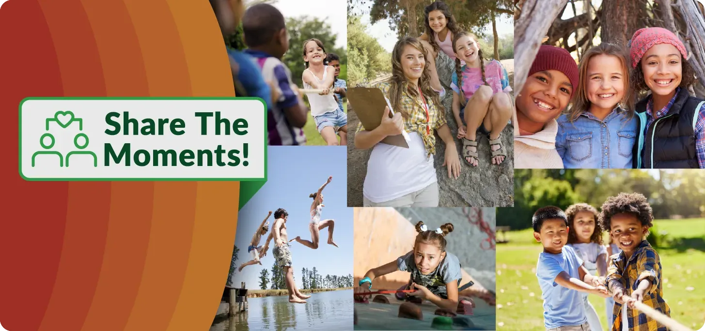 Collage of fun camp activity pictures. Text 
