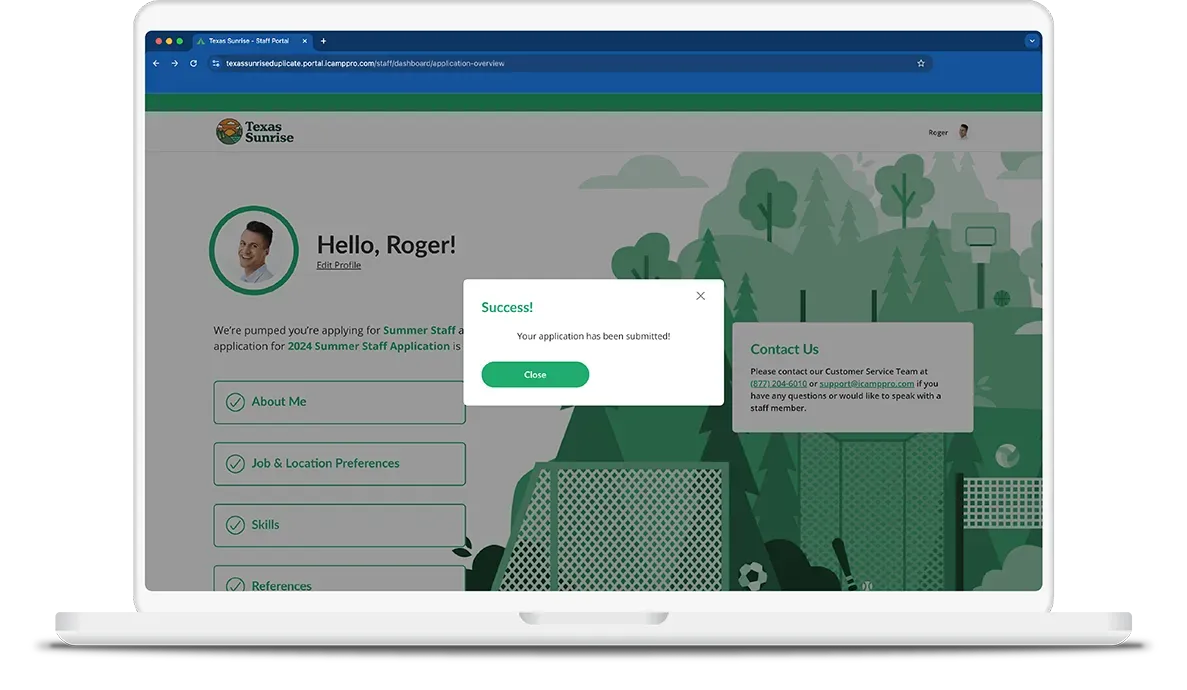 Illustration of laptop with a cabin and crane on it, two camp staff.