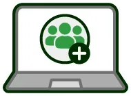 A laptop computer with a group of people and a plus sign on the screen.