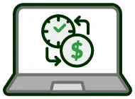 A laptop with two clocks and a dollar sign on it.