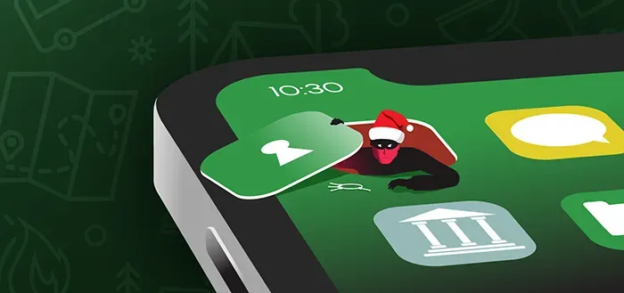 A close up of a cell phone with a santa claus icon on the screen.