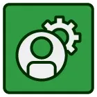 An icon of a person and a gear on a green background.