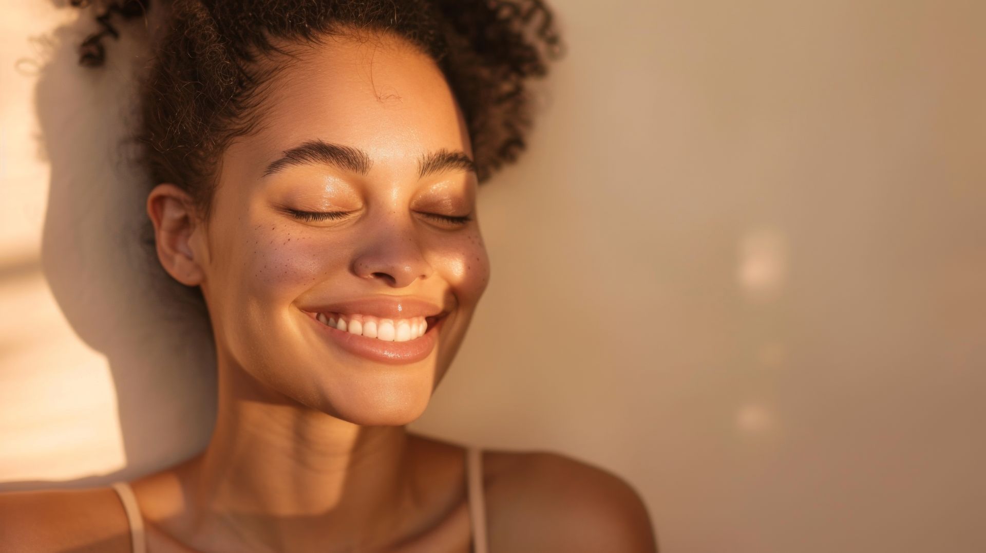 A woman is smiling with her eyes closed and the sun is shining on her face.