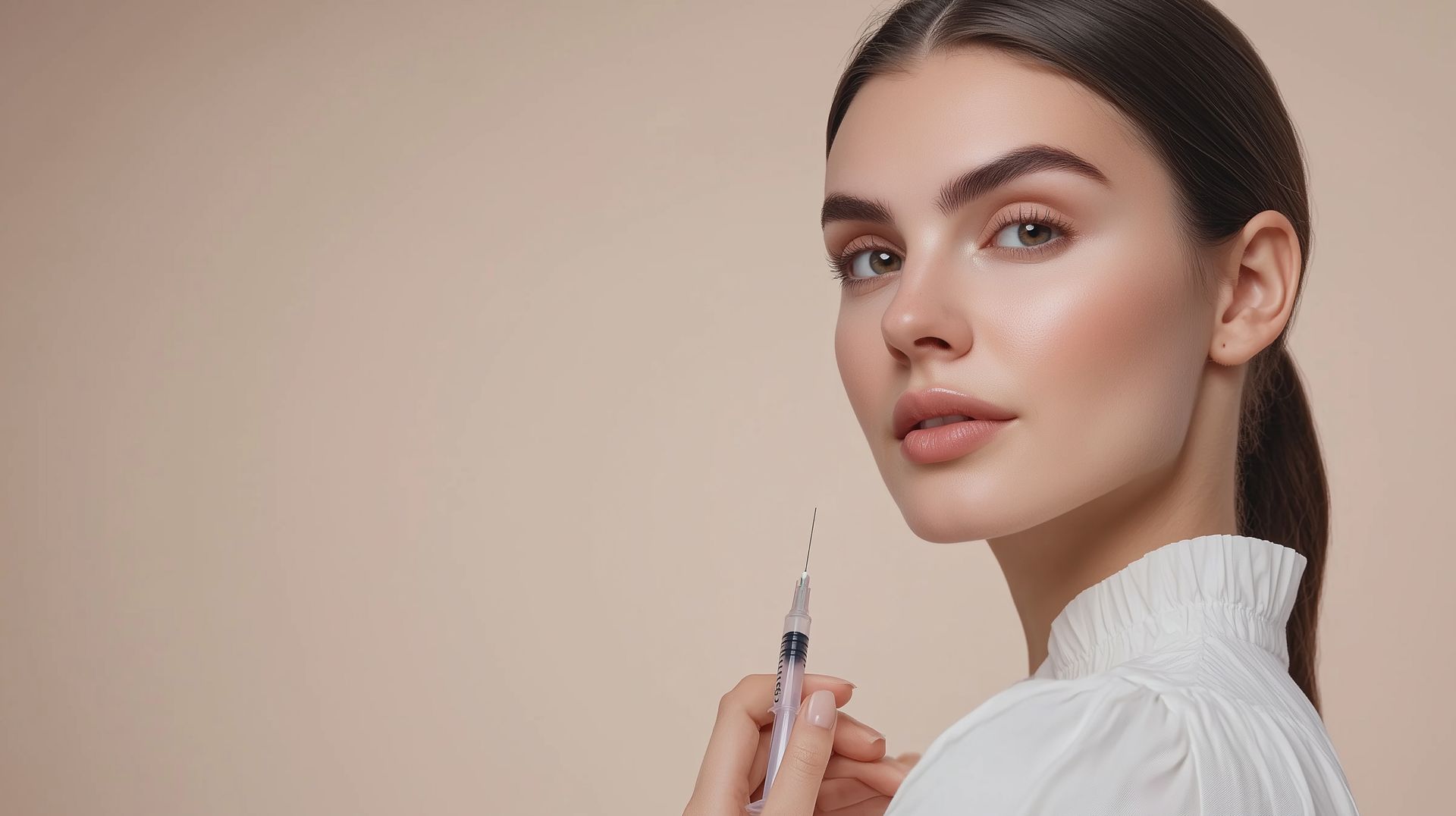 A woman is holding a syringe in her hand and looking at the camera.