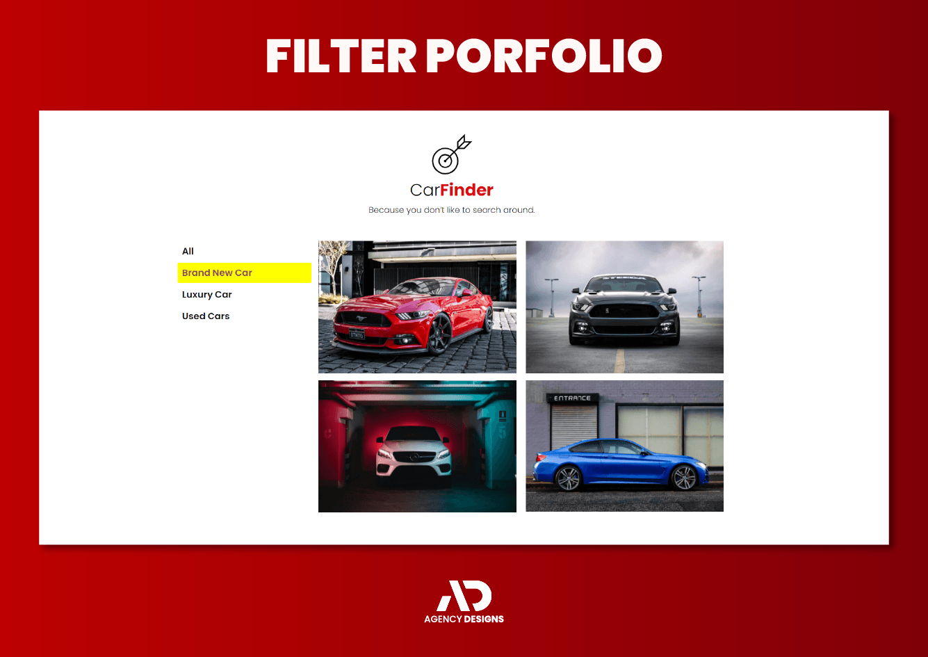 A screenshot of a filter portfolio with four cars on it