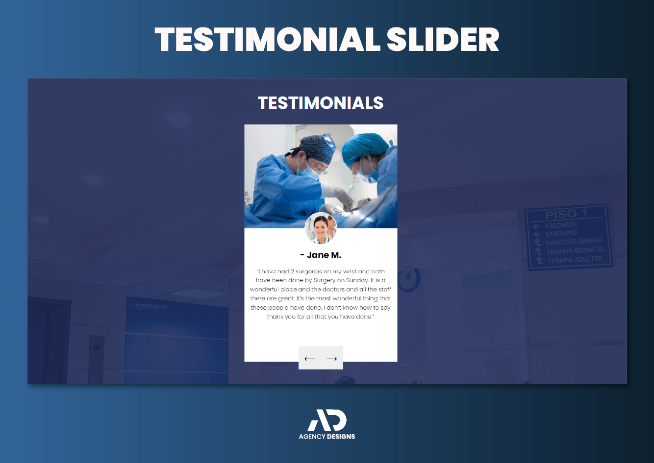 A testimonial slider with a picture of two surgeons operating on a patient.