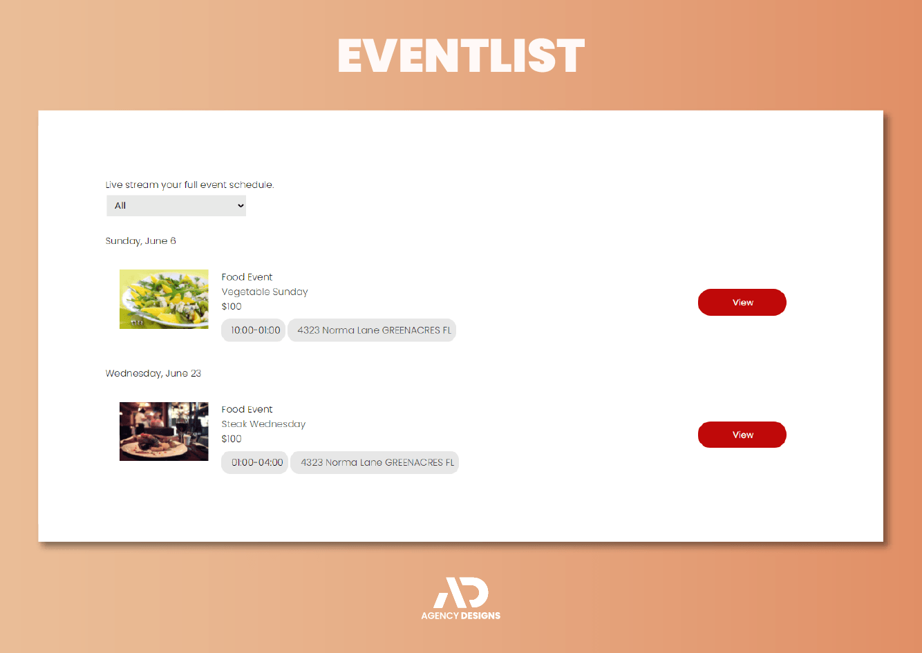 A screenshot of a website with the word eventlist on it