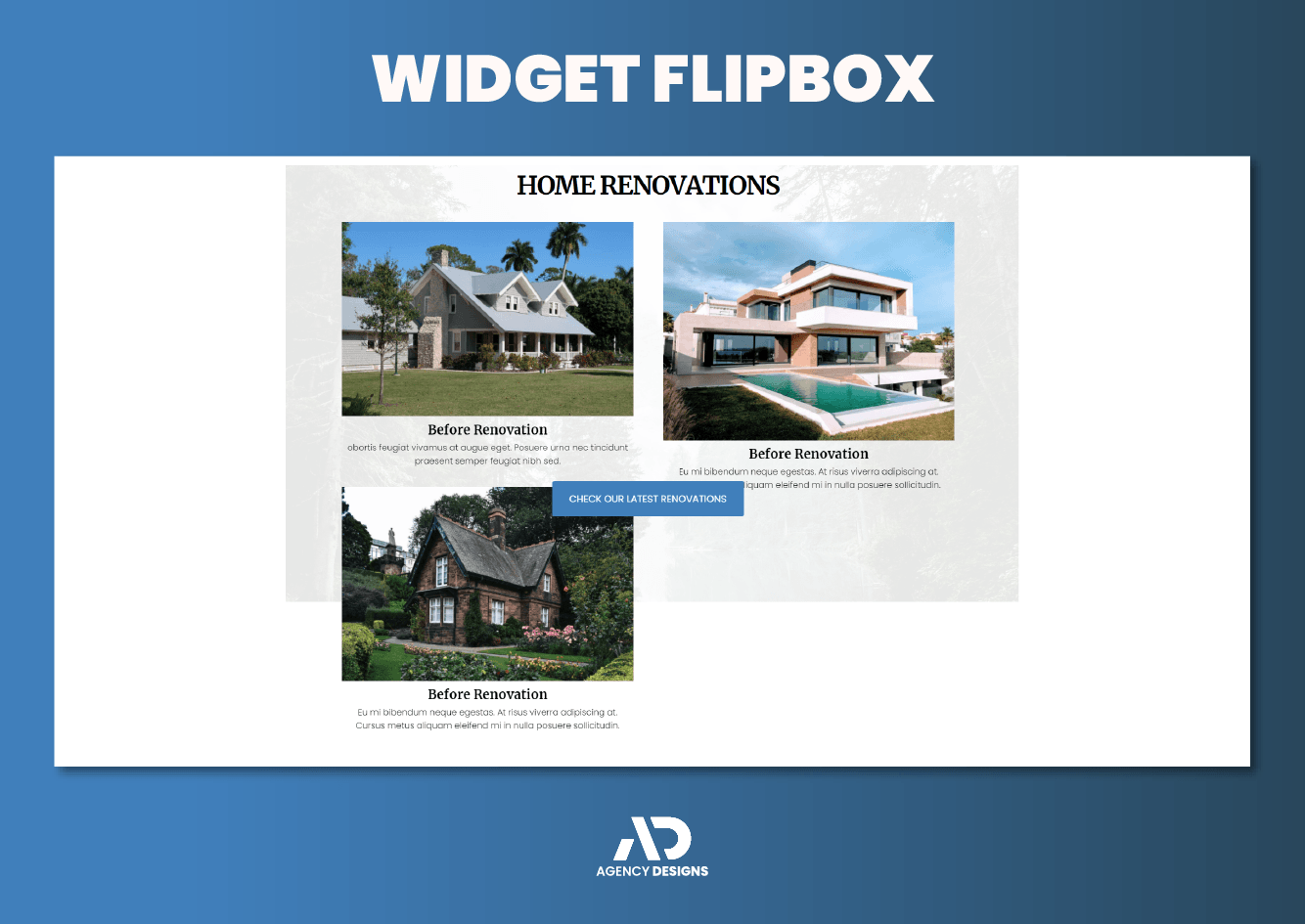 A widget flipbox for home renovations is shown on a blue background.