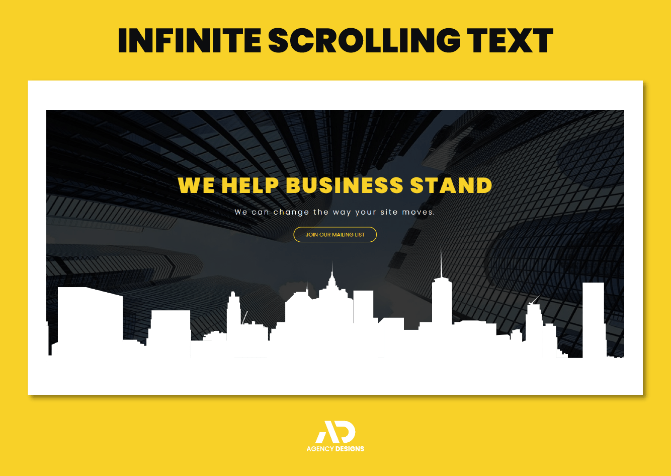 Infinite scrolling text with a city skyline in the background