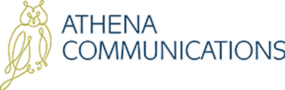 The logo for athena communications shows an owl on a branch.