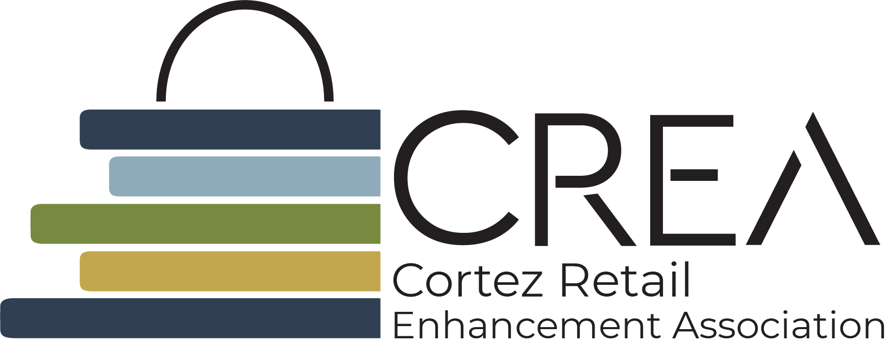 The logo for the cortez retail enhancement association has a shopping bag on it.
