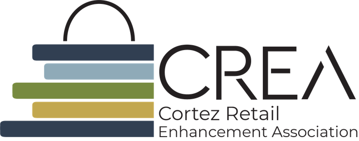 The logo for the cortez retail enhancement association has a shopping bag on it.