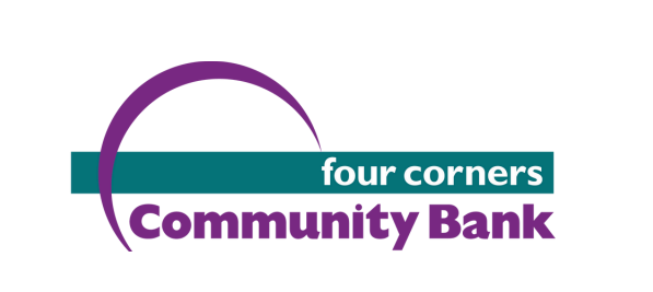 The four corners community bank logo is purple and green.
