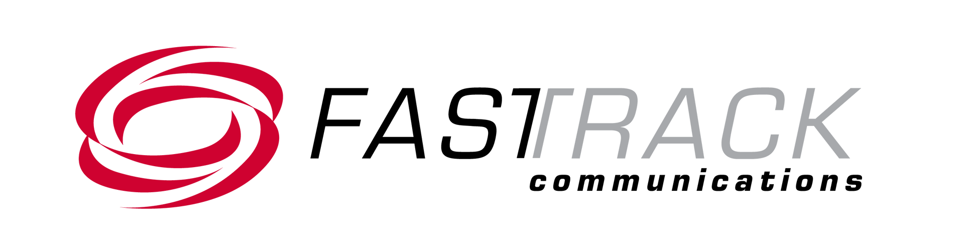 A logo for fastrack communications with a red swirl